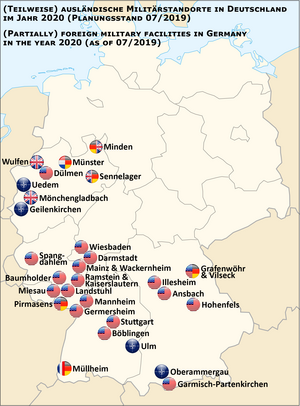 Map of locations of completely and partially foreign military bases in Germany as planned for 2020