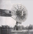 Image 58The first automatically operated wind turbine, built in Cleveland in 1887 by Charles F. Brush. It was 60 feet (18 m) tall, weighed 4 tons (3.6 metric tonnes) and powered a 12 kW generator. (from Wind turbine)