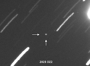 Stacked image of 2023 DZ2 from 52 60-second photos taken remotely on March 21, 2023, at Abbey Ridge Observatory (Canada).