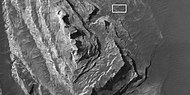 Enlargement of white butte, as seen by HiRISE. Box shows size of a football field.