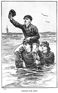 The boy waves his cap to call attention to their plight before they are swept under by the tide