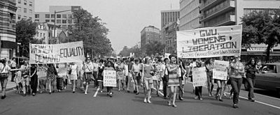 The women's liberation movement featured political activities such as a march demanding legal equality for women in the United States (26 August 1970)