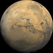 Wide view of Mars centered on Valles Marineris, taken with Viking images. Note: this picture will greatly enlarge by clicking on it several times.