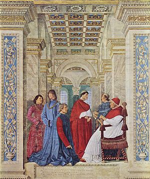 Sixtus IV. ernennt Platina zum Präfekten der Vatikanischen Bibliothek (Melozzo da Forlì)