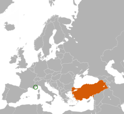 Map indicating locations of Monaco and Turkey