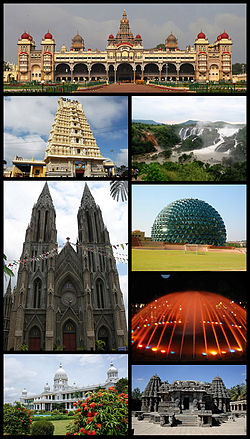 Clockwise from top: Mysore Palace, Shivanasamudra Falls, Infosys Multiplex, Brindavan Gardens at Mandya, Somanathapura, Lalitha Mahal, St. Philomena's Cathedral and Chamundeshwari Temple.
