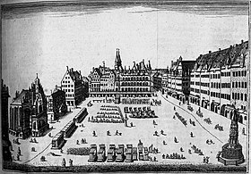 Von Norden mit Frauenkirche (links) und Schönem Brunnen (rechts), 1707