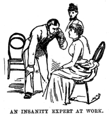 An illustration of Nellie Bly sitting in a chair while a psychiatrist examines her