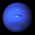 Image 10 Neptune Photograph credit: NASA / JPL Neptune is the eighth and farthest known planet from the Sun in the Solar System. In the Solar System, it is the fourth-largest planet by diameter, the third-most-massive planet and the densest giant planet. Neptune is 17 times the mass of Earth, slightly more massive than its near-twin Uranus. Neptune is denser and physically smaller than Uranus because its greater mass causes more gravitational compression of its atmosphere. Neptune orbits the Sun once every 164.8 years at an average distance of 30.1 au (4.5 billion km; 2.8 billion mi). It is named after the Roman god of the sea and has the astronomical symbol ♆, a stylised version of the god Neptune's trident. This picture of Neptune was taken by NASA's Voyager 2 spacecraft in 1989, at a range of 4.4 million miles (7.1 million kilometres) from the planet, approximately four days before closest approach. The photograph shows the Great Dark Spot, a storm about the size of Earth, in the centre, while the fast-moving bright feature nicknamed the "Scooter" and the Small Dark Spot can be seen on the western limb. These clouds were seen to persist for as long as the spacecraft's cameras could resolve them. More selected pictures