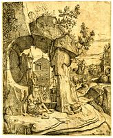 St Jerome seated beneath an arch of rock