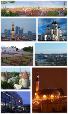 Farbige Collage aus acht Fotos mit verschiedenen Sehenswürdigkeiten einer Stadt. Es sind ein Panorama, moderne Bürokomplexe, eine orthodoxe Kirche, ein Hafen, eine Festung, ein englischer Garten und eine Kirche in Nachtbeleuchtung zu sehen.