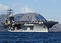 The American aircraft carrier USS Harry S. Truman (CVN-75) sails out of the Souda Bay harbor in Crete, Greece, following a four-day port visit to Greece's largest island.