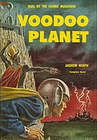 Cover of Voodoo Planet by Andrew North, artist Ed Valigursky; half of Ace Double #D-345 (1959)