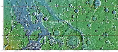 Tography map of Oxia Palus region of Mars showing the location of a number of chaos regions and valleys, including Ares Vallis