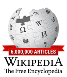 Wikipedia's globe logo with a red banner across the bottom that says, "6,000,000 articles", and below that Wikipedia's motto, "The free encyclopedia".