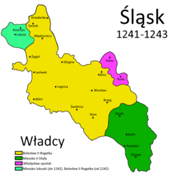 The map of the duchies controlled by the Silesian Piast dynasty from 1241 to 1243, including the Duchy of Lubusz.