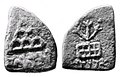 Coin of Agathocles. Obv Six-arched hill symbol with star on top, Kharoshthi legend Akathukreyasa "Agathocles". Rev Tree-in-railing and legend Hirañasame.[10][13]