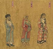 Ambassadors from Kabadiyan (阿跋檀), Balkh (白題國) and Kumedh (胡密丹), visiting the court of the Tang dynasty. The Gathering of Kings (王会图), circa 650 CE