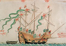 A sailing vessel with square flags along its railing: the designs include horizontal green and white stripes, the cross of Saint George, three fleurs-de-lys on a blue background and the blue, red and gold English royal arms.