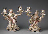 Pair of candelabrums; 18th century; soft-paste porcelain; heights (the left one): 26.8 cm, (the right one): 26.4 cm; by the Chelsea porcelain factory; Metropolitan Museum of Art