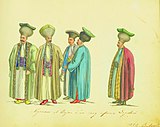 Wallachian boyars of the third rank wearing small işlics adorned with cushions, 1825