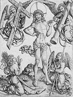 Engraving of c. 1460 by Master E. S. of the Man of Sorrows with the Arma Christi