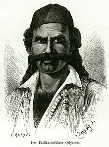 Black-and-white drawing of a man in Greek national dress, with a moustache and a fierce expression.