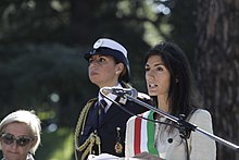 Raggi in 2018 during a public speech as mayor of Rome