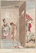 A woman bathing is spied upon through a window, England, 1782