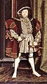 Henry VIII after a Holbein of 1537. Later copy by unknown artist after Hans Holbein the Younger's destroyed mural at Whitehall Palace.[i]