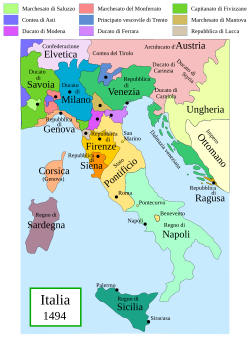 Italy, including the Republic of Siena (in dark orange), at the close of the 15th century