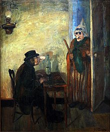 Eine Interieurszene im Licht einer Öllampe: Ein dunkel gekleideter Mann mit Hut sitzt an einem Tisch vor einer halb gefüllten Flasche. Eine Frau mit Haube, Sonnenbrille und einem Stock in der Hand steht in der Tür. Beide Figuren tragen Karnevalsmasken.