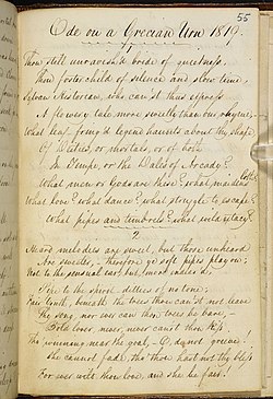Manuscript in George Keats's hand titled "Ode on a Grecian Urn 1819." It is a fair copy in pen and ink of the first two verses of the poem. The writing is highly legible, tall and elegant, with well-formed letters and a marked slope to the right. The capital letters are distinctive and artistically formed. Even-numbered lines are indented with lines 7 and 10 are further indented. A scallopy line is drawn beneath the heading and between the verses.