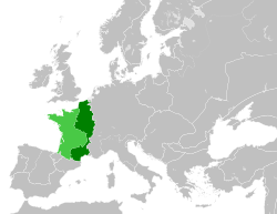 The Kingdom of France in 1190. The bright green area was controlled by the so-called Angevin Empire.