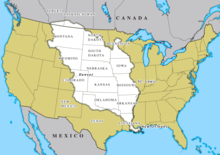 Map of United States; middle one-fourth to one-third highlighted
