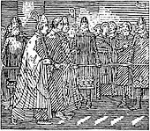 Black and white illustration of a man being led across ploughshare during an ordeal