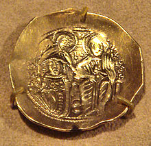 A thin gold coin (hyperpyron) with rough edges depicting two figures