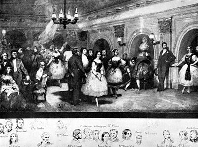 Lithograph depicting many famous dancers and their patrons in the Foyer de la Danse (1841)