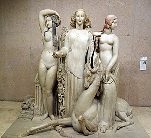 Hommage à Jean Goujon; by Alfred Janniot; 1919–1924; limestone partially coloured; 220 x 235 x 129 cm; Calouste Gulbenkian Museum, Lisbon, Portugal[108]
