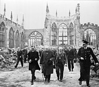 Winston Churchill visiting the ruins of the old cathedral in 1941