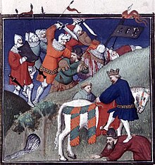 Soldiers fight near a hill and a crowned man steps on the back of another man who also wears a crown before mounting his horse