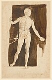 Final drawing of Adam, 1504, pen and brush for the background, 26.2 x 16.6 cm, Albertina (3080v)