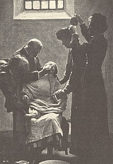 A suffragette on hunger strike being forcibly fed with a nasal tube