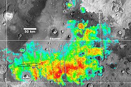 Figure 1b. Map of surface hematite levels on Meridiani Planum. This is a high-resolution blow-up of the central part of Figure 1a overlaid over a image of the region. Mapped from 1997 to 2002.