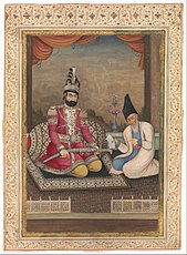 Portrait of Muhammad Shah Qajar and his Vizier Haj Mirza Aghasi, second quarter of the nineteenth century, Ink, opaque watercolor and gold on paper, Iran, collection of the Metropolitan Museum of Art.[18]