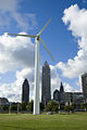 Closeup photo of the wind turbine against the Cleveland skyline