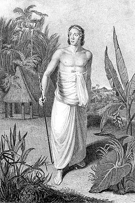 An 1816 engraving depicting William Mariner in Tongan dress