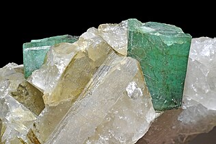 Emerald on quartz, from Carnaiba Mine, Pindobaçu, Campo Formoso ultramafic complex, Bahia, Brazil
