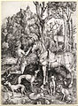 Saint Eustachius, an engraving by Albrecht Dürer, ca. 1501. As in the Pisanello above, he kneels before a stag with a cross in its antlers, surrounded by dogs, including greyhounds.