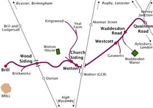 Map of a railway line running roughly south-west to north-east. Long sidings run off the railway line at various places. Two other north–south railway lines cross the line, but do not connect with it. At the north-eastern terminus of the line, marked "Quainton Road", the line meets three other lines running to Rugby & Leicester, Verney Junction, and Aylesbury & London respectively. The south-western terminus, marked "Brill", is some distance north of the town of Brill, which is the only town on the map. A station on one of the other lines, marked "Brill and Ludgersall", is even further from the town of Brill.
